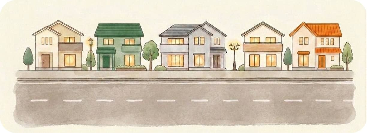 道路を前にした色々な家が並んでいる街並みのイラスト