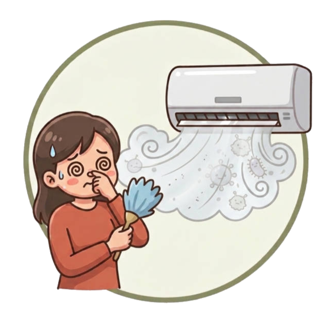 エアコンの風がカビやホコリっぽい匂いがするイラスト