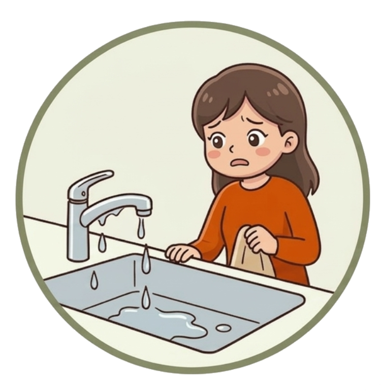 水道の蛇口から水がポタポタ垂れて女性が困っているイラスト