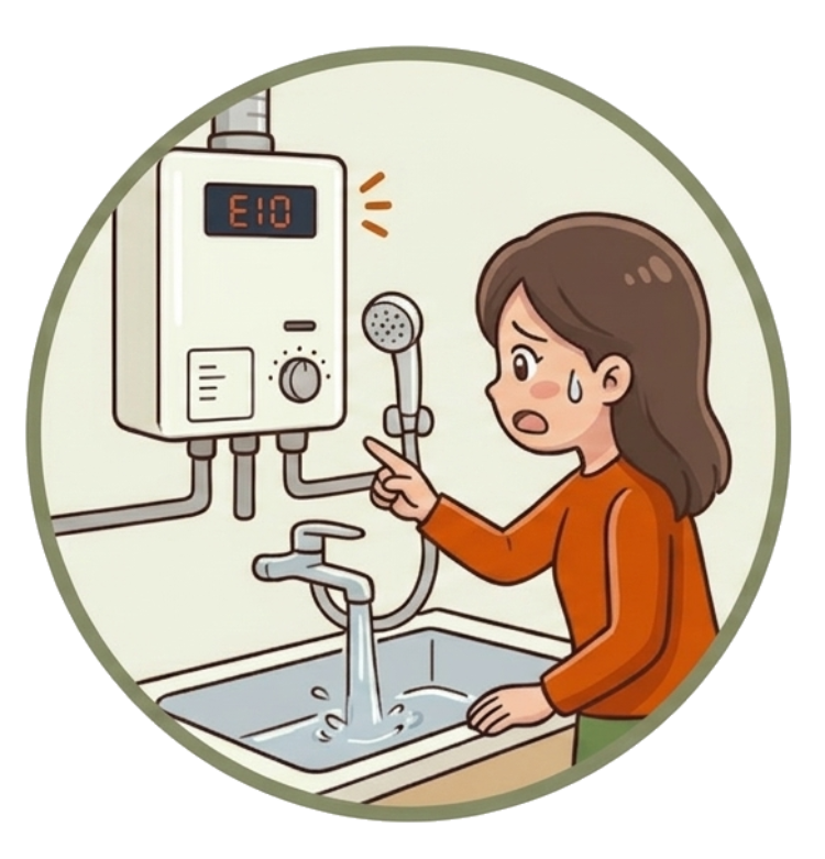 給湯器から水が出なくて困っている女性のイラスト