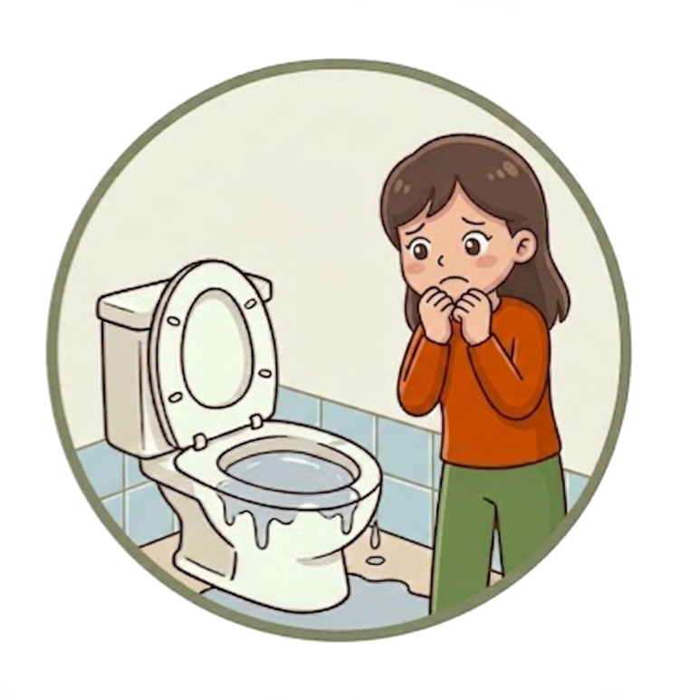 トイレが詰まってしまい困っている女性のイラスト