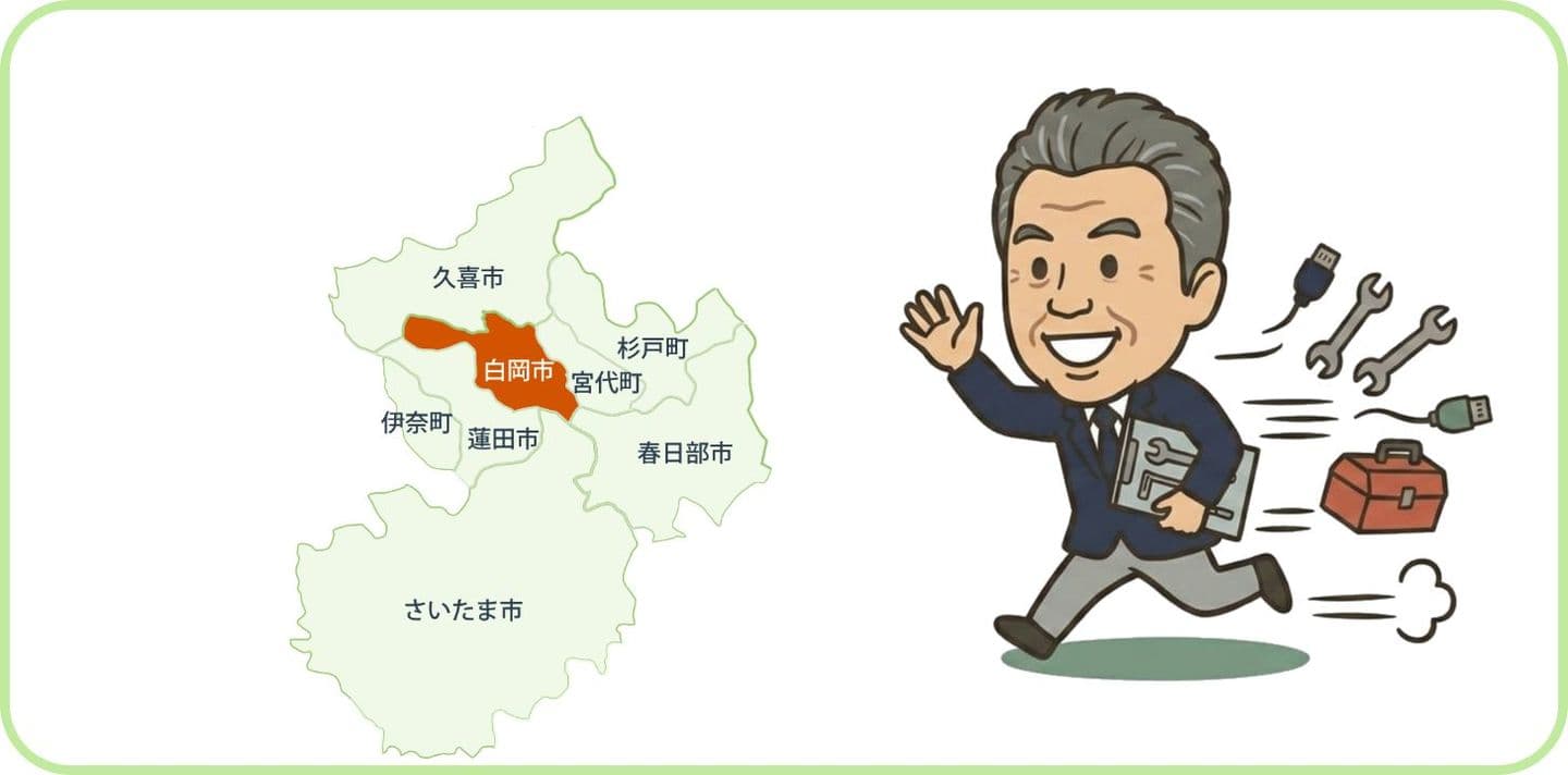 白岡市付近の地図と社長が道具を抱えて走っているイラスト